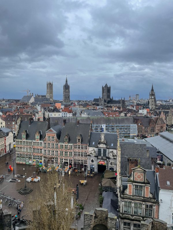 Ghent's skyline as seen from the top of the Gravensteen castle, a unique vantage point to check out during a weekend in Belgium