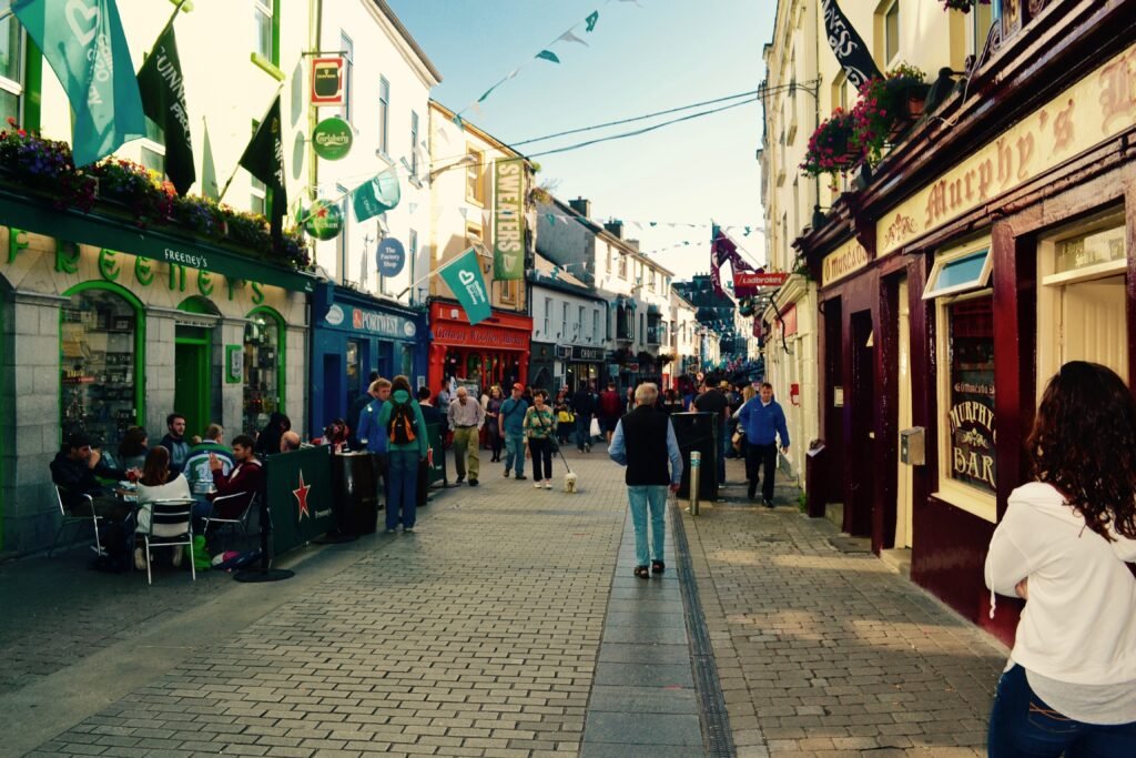 Image of the main shopping street in Galway, where you'll spend most of your day trip from Dublin