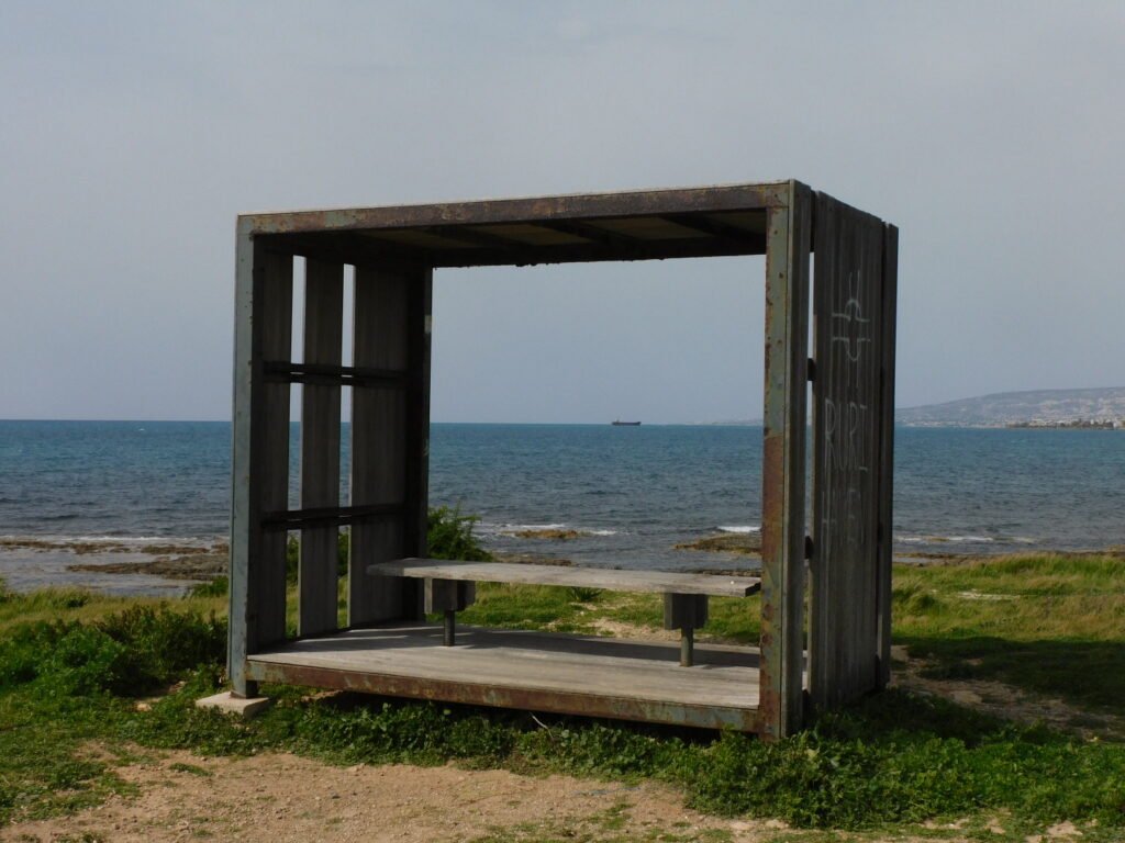 Bench looking out at the sea from the Paphos Archaeological Site.