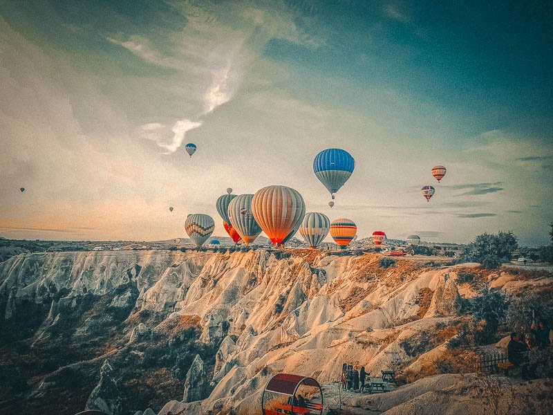 Hot air balloons flying over Cappadocia, Turkey