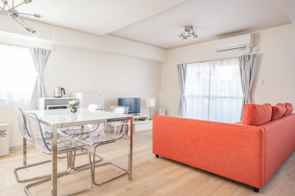 Clean, airy interior of Tokyo Airbnb with tasteful decor